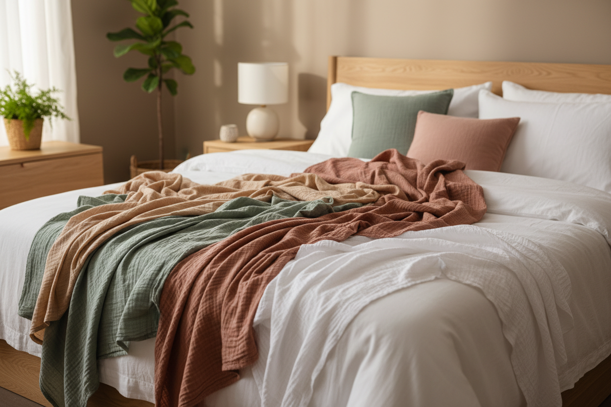 Musselin Stoffe im Schlafzimmer voller Gemütlichkeit und Wärme