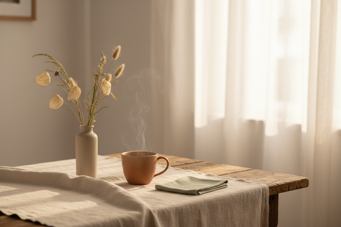 Slow living und Achtsamkein. Eine warte Tasse Tee in einem gemütlichen Wohnzimmer