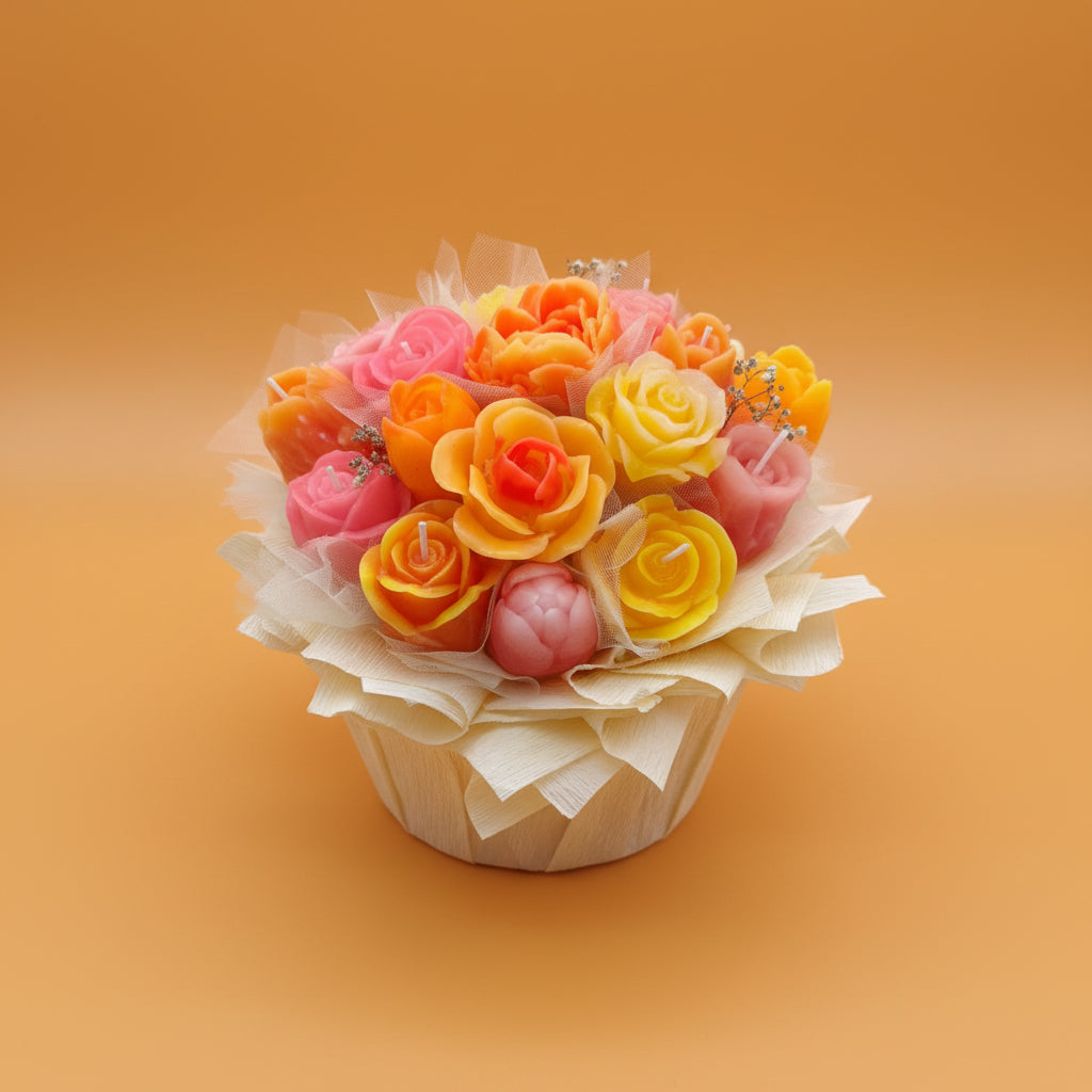 Oragenener Blumenstrauß aus Kerzenwachs mit weißen Spitze