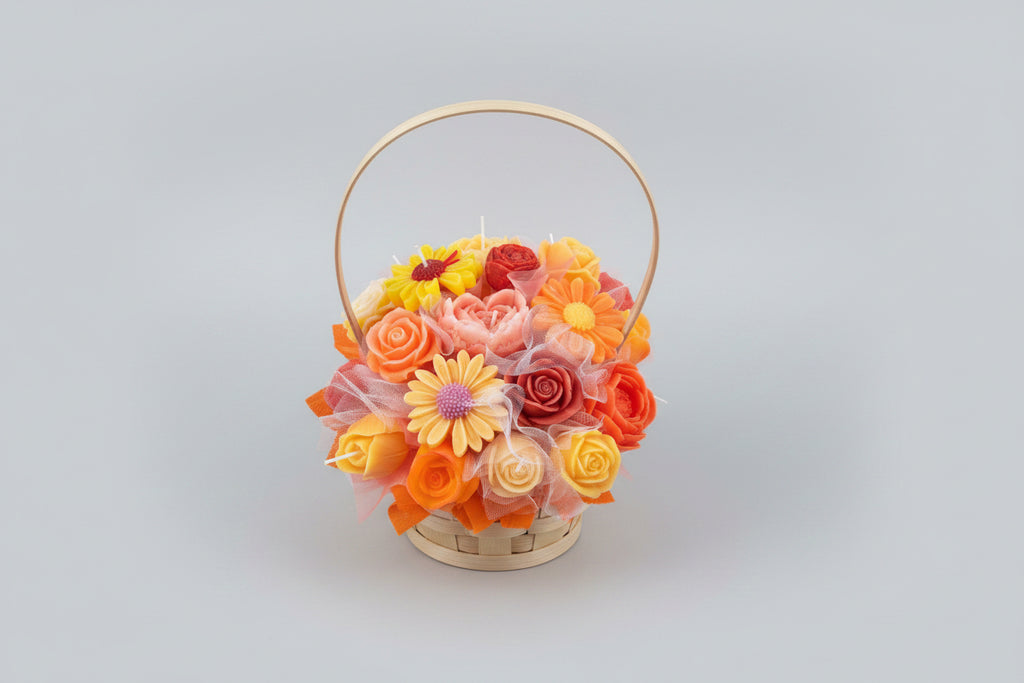 Wachsblumenstrauß Größe M bunt im Korb – farbenfroher Kerzenstrauß von Zweig und Faden