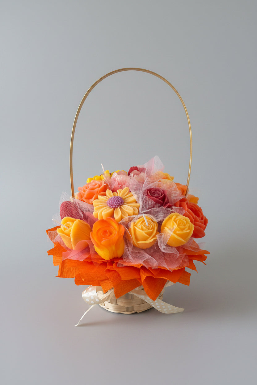 Wachsblumenstrauß Größe M in Orange im Korb – handgefertigtes Kerzengeschenk