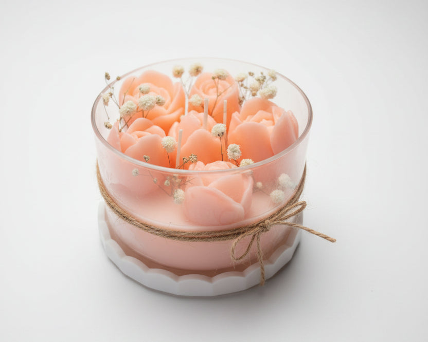 Rosen-Bouquet im Glas auf Gips-Relief – exklusives Windlicht von Zweig und Faden