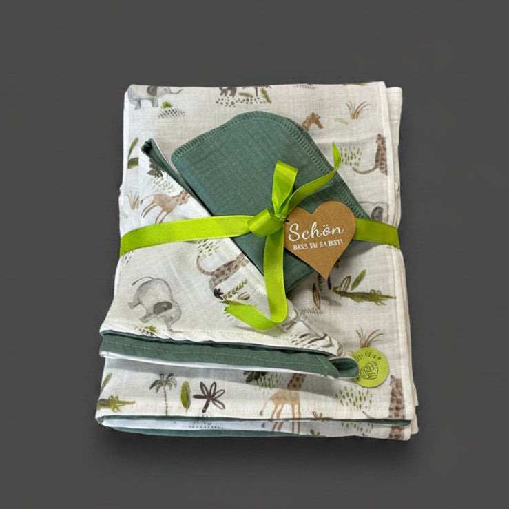 Premium Musselin Baby-Set im Safari-Look mit vielen Tieren und in Salbei