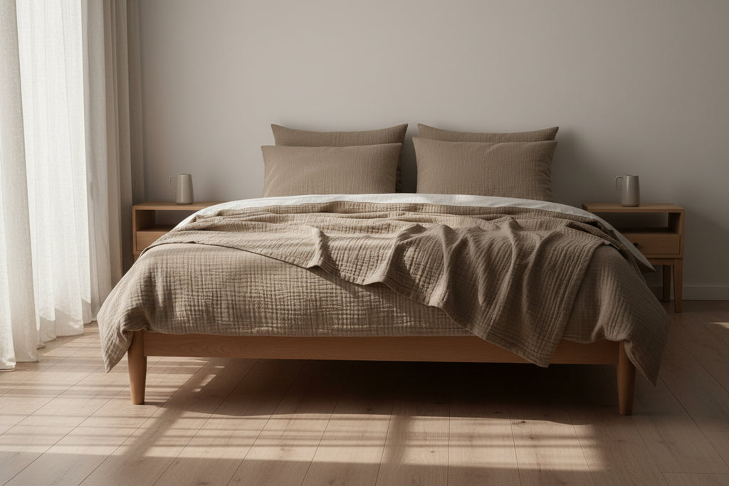 Musselin-Bettwäsche Set in Beige – natürliche Baumwoll-Bettwäsche von Zweig und Faden