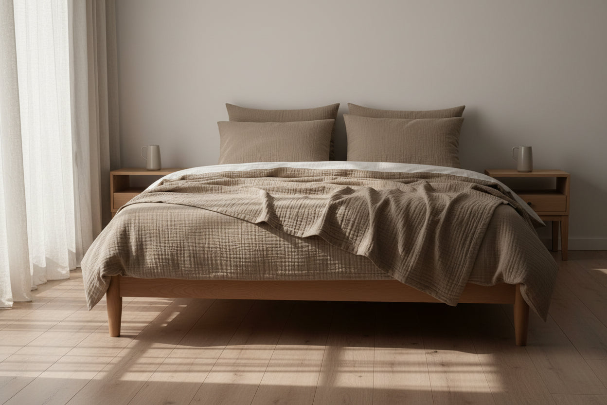 Musselin-Bettwäsche Set in Beige – natürliche Baumwoll-Bettwäsche von Zweig und Faden