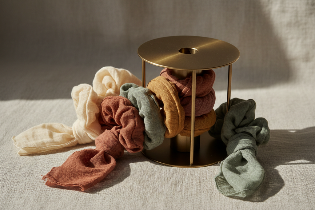 Musselin Scrunchie Detailansicht – sanftes Haargummi aus Baumwoll-Musselin