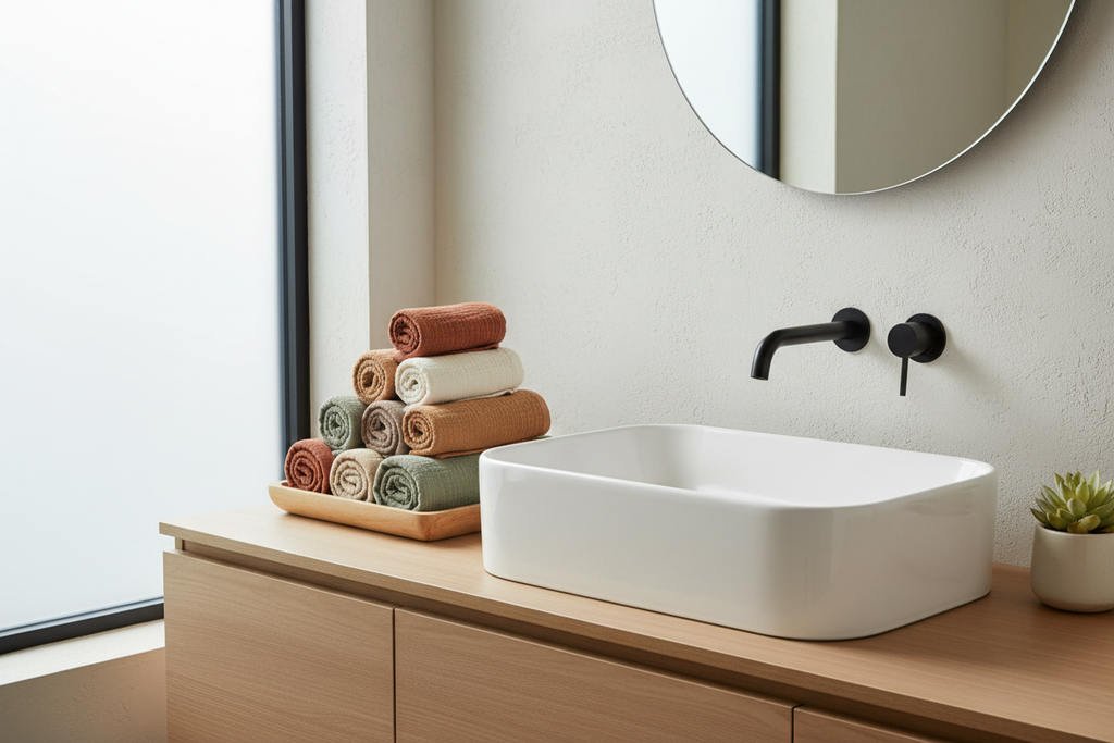 Musselin-Gästehandtücher 4er Set in Erdtönen, elegant gerollt neben modernem Waschbecken
