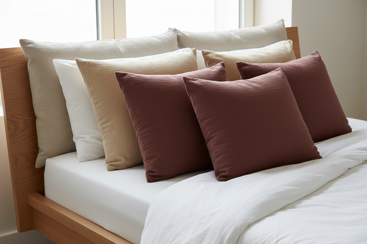 Musselin Kissenbezüge in sanften Farben wie beige, bordeaux und weiss von Zweig und Faden
