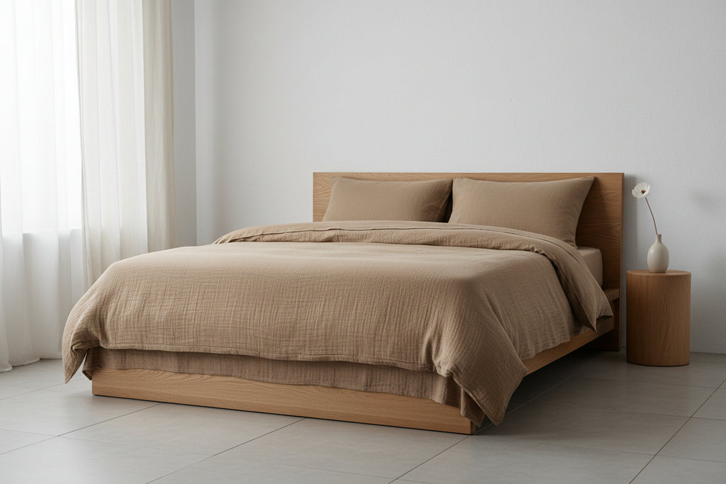 Musselin-Bettwäsche in Taupe – warmer Erdton aus weichem Double-Gauze von Zweig und Faden