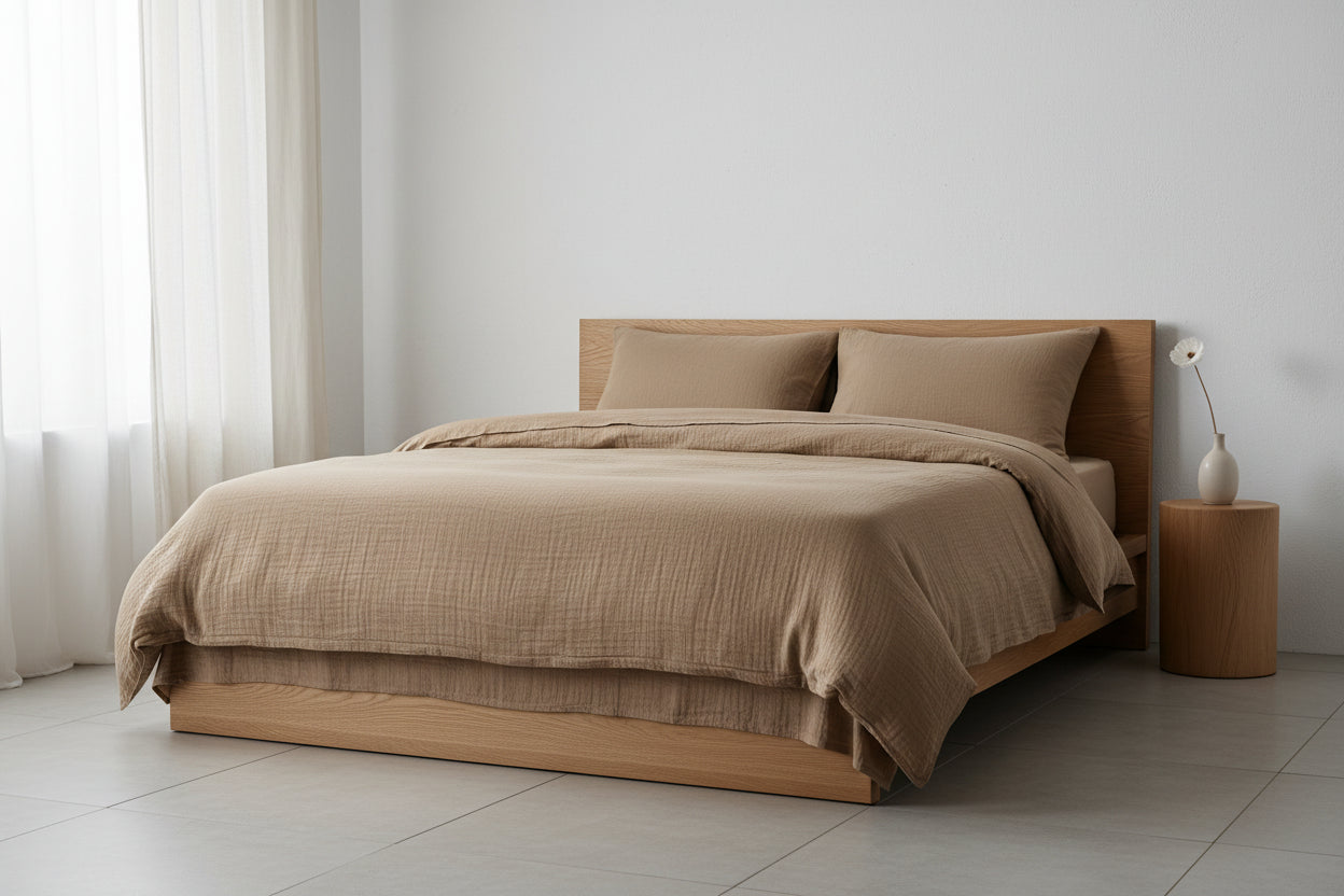 Musselin-Bettwäsche in Taupe – warmer Erdton aus weichem Double-Gauze von Zweig und Faden